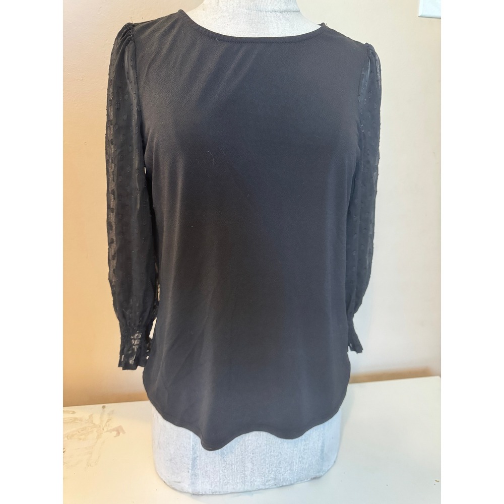 Adrianna Papell Black Swiss Dot Mesh Puff Sleeve Smocked Cuff Blouse Small